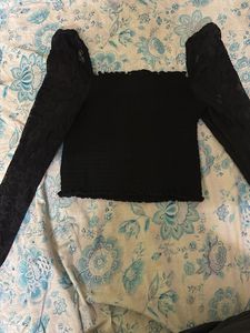 Midnight Muse Black Crop Top – Sheer Net Long Sle