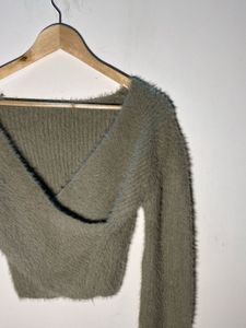 Olive Fuzzy Knit Crop Top