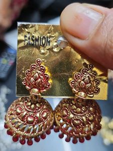 Red &amp; Gold Jhumka Earrings