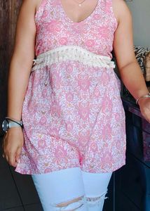Sleeveless Floral Cotton Trendy Short Kurthi