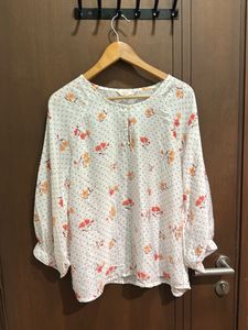 Soft White Floral Blouse with Polka Dots