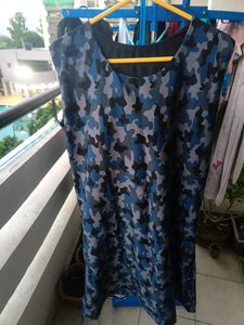 Combat Print A line Blue Dress With Sleeveless