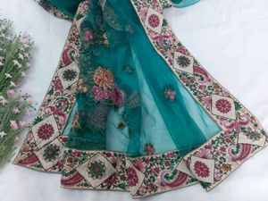 Floral-Paisley Embroidered Teal Green Net Saree