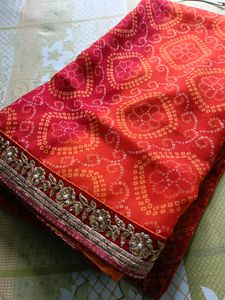 Red &amp; Orange Bandhani Saree