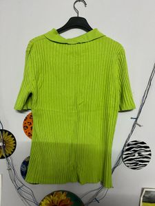 Green Ribbed Knit Zip-Up Top