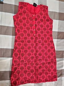 Block Printed Red Cotton Short Kurta