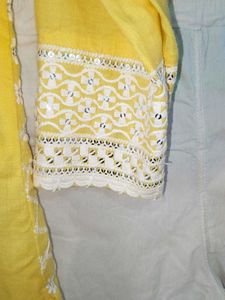 Yellow &amp; White Embroidered Pant Kurti Suit With Du