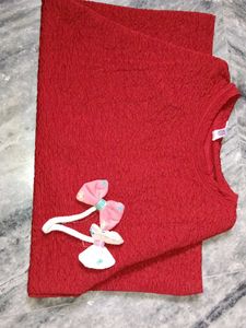 Red Textured Tee with Bow Detail