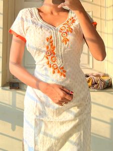 Orange Embroidered Kurti