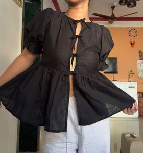 Black Puff Sleeve Tie Front Top| Korean Top