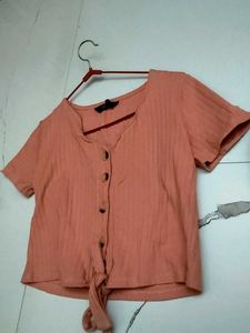 Ribbed Tie-Front Button-Up Top