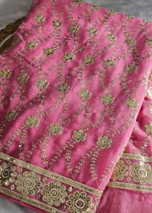 Pink Saree With Gold Sequin Work