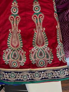 Royal Blue &amp; Red Saree Lehenga-Embroidered Blouse