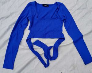 Blue Long Sleeve Crop Top