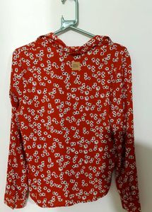 Rust Red Floral Button Up Sheer Top