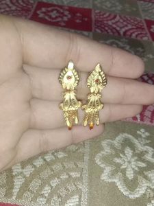 Gold Dangle Earrings with Red Accents