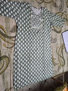Postal Green Printed Kurti with Embroidered Neck