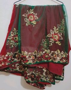 Maroon Green Saree For Festive Without Blouse