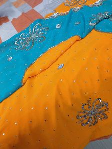 Orange & Blue Sequin Saree