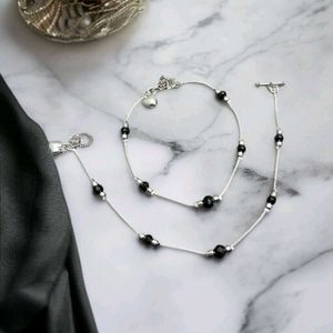 Silver Plated Anklet with Black Beads