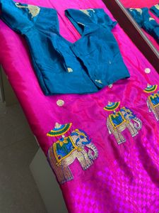 Pink Elephant Embroidered Saree