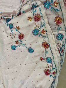 Beautiful White Multi Colour Work Saree