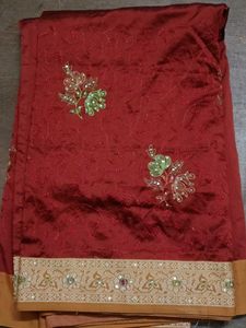 Embroidered Maroon Sari with Gold Border