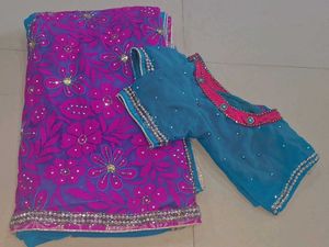 Blue and pink Stones saree