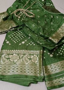 Green Bandhni Silk Saree With Blouse