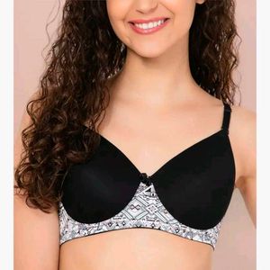 Patterned Trim Black Bra - Size 32B