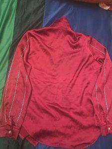 Burgundy Embellished Satin Shirt