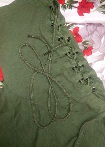 Olive Green Lace-Up Detail Top