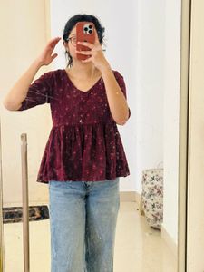 Maroon Peplum Top with Subtle Print