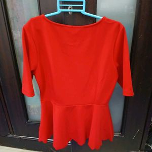 Red Peplum Top With Attractive Cutwork Detailing
