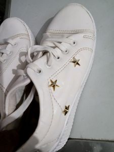 White Sneakers with Gold Star Detail