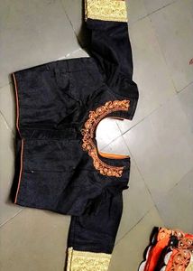 New Orange &amp; Black Embroidered Saree With Blouse