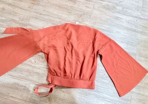 2 Tops-Coral Overlap Tie Top &amp; Blue Short Kurta