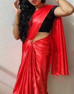 Red Satin Saree with black stretchable blouse