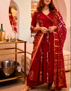 Aachho Maroon Angrakha Bandhej Suit Set XL