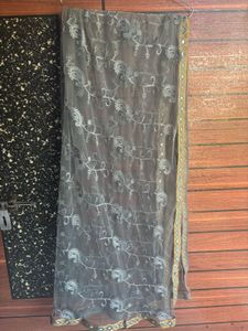 Elegant Grey &amp; Gold Anarkali Kurta Set with embroi