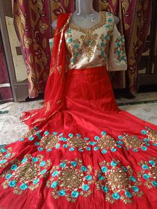 Red &amp; White Embroidered Lehenga