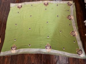 Olive Green Saree-Intricate Embroidery &amp; Blouse