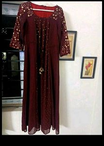 Maroon & Gold Embellished Maxi Dress
