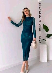 MOD APPARELS Elegant Teal Mesh long sleeve bodycon