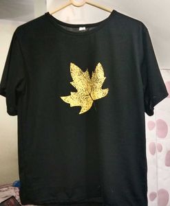 Black Tee with Golden Leaf Print