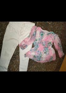 Combo Of Pink Top And White Denim Jeans