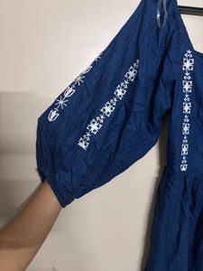 Navy Embroidered Peasant Dress