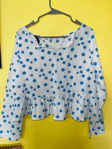 White And Blue Floral Printed A-Line Top
