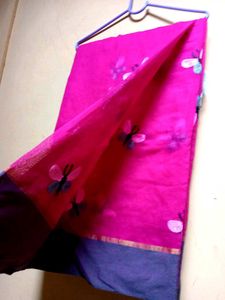Pink Butterfly Cotton Silk Saree With Gray Blouse