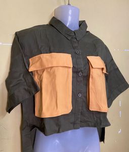 Olive High Low Shirt With Big Pockets